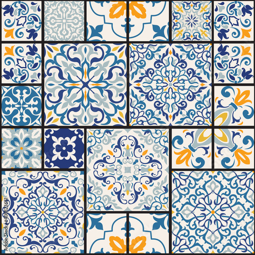 Seamless colorful patchwork tile with Islam, Arabic, Indian, ottoman motifs. Majolica pottery tile. Portuguese and Spain decor. Ceramic tile in talavera style. Vector illustration.	
