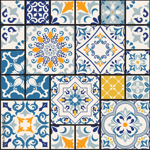 Seamless colorful patchwork tile with Islam, Arabic, Indian, ottoman motifs. Majolica pottery tile. Portuguese and Spain decor. Ceramic tile in talavera style. Vector illustration.	
