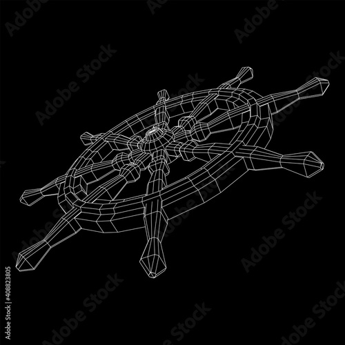 Ship steering wheel. Marine rudder. Wireframe low poly mesh vector illustration.