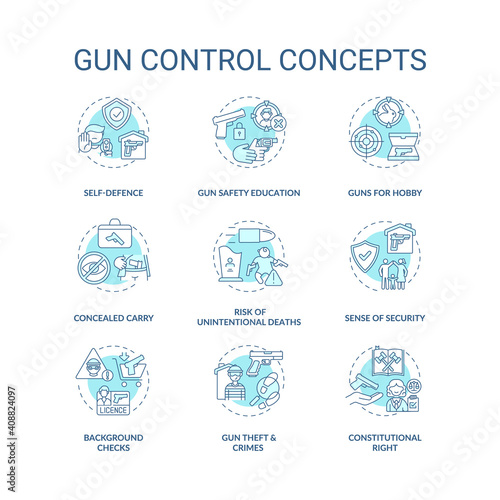 Gun control turquoise concept icons set. Self defense. Safety education. Concealed carry. Firearm regulation idea thin line RGB color illustrations. Vector isolated outline drawings. Editable stroke