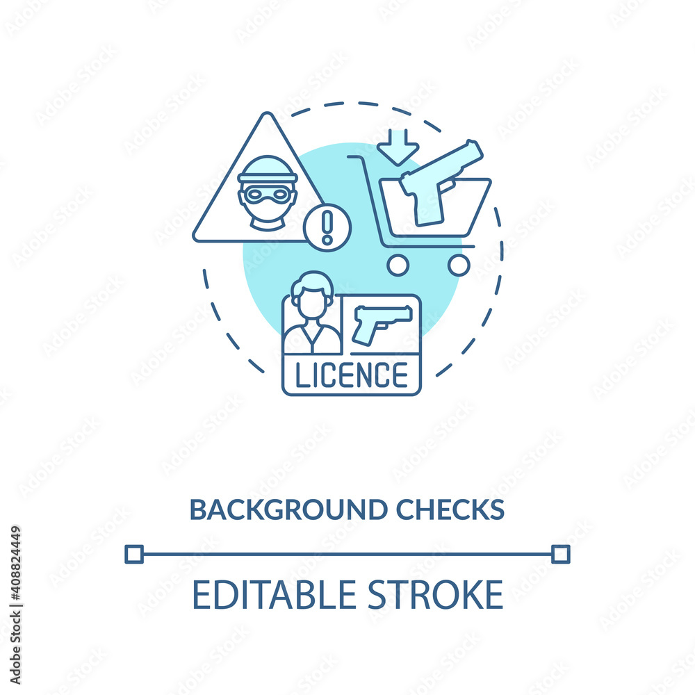 Background check turquoise concept icon. Criminal record. History with crime. Firearm license. Gun control idea thin line illustration. Vector isolated outline RGB color drawing. Editable stroke