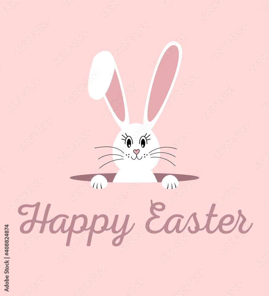 Happy Easter cute bunny in hole, pink vector image. Happy Easter cute bunny in hole, pink vector image.