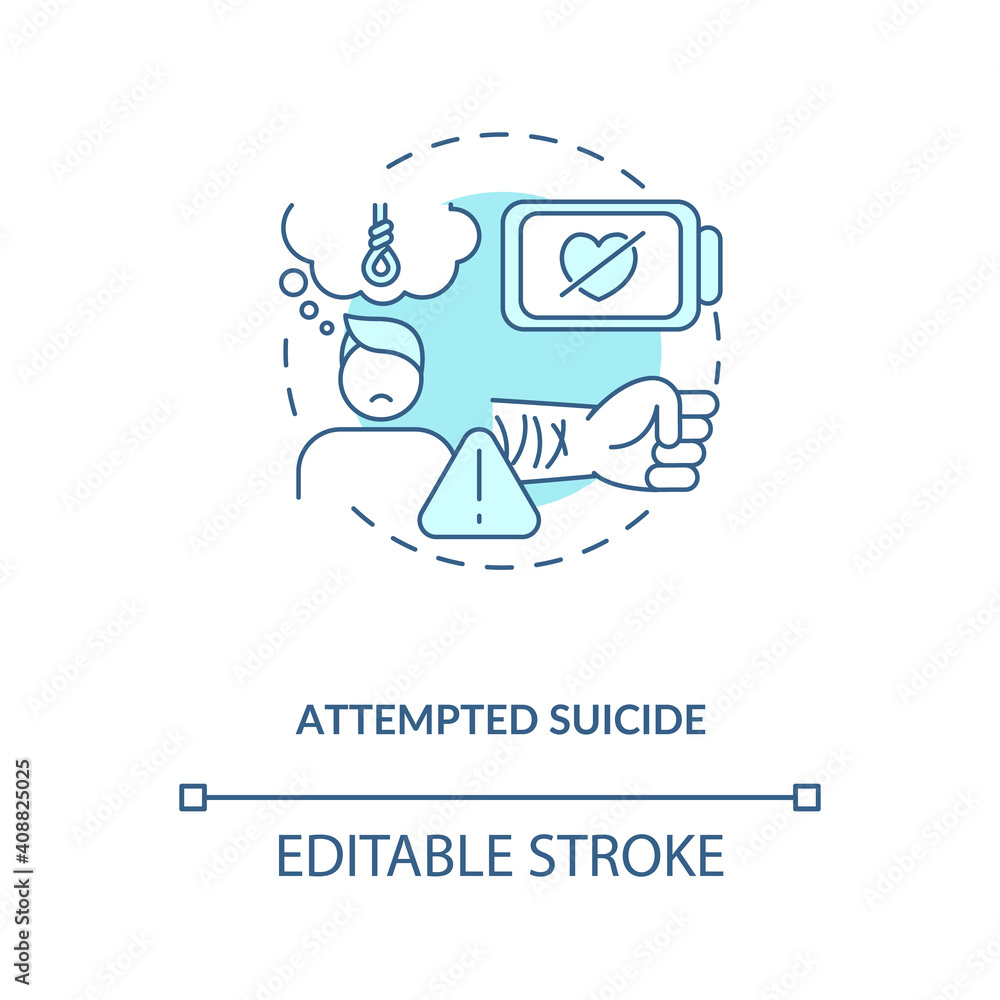 Attempted suicide turquoise concept icon. Psychological trauma. Self inflicted harm. Mental health issue idea thin line illustration. Vector isolated outline RGB color drawing. Editable stroke Attempted suicide turquoise concept icon. Psychological trauma. Self inflicted harm. Mental health issue idea thin line illustration. Vector isolated outline RGB color drawing. Editable stroke