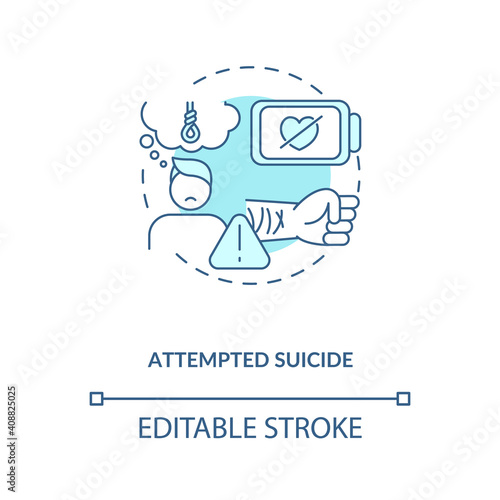 Attempted suicide turquoise concept icon. Psychological trauma. Self inflicted harm. Mental health issue idea thin line illustration. Vector isolated outline RGB color drawing. Editable stroke