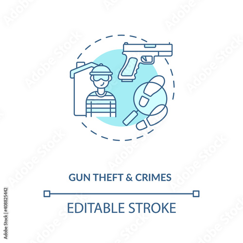 Gun theft and crimes turquoise concept icon. Firearm robbery. Assault with weapon. Criminal record. Gun violence idea thin line illustration. Vector isolated outline RGB color drawing. Editable stroke