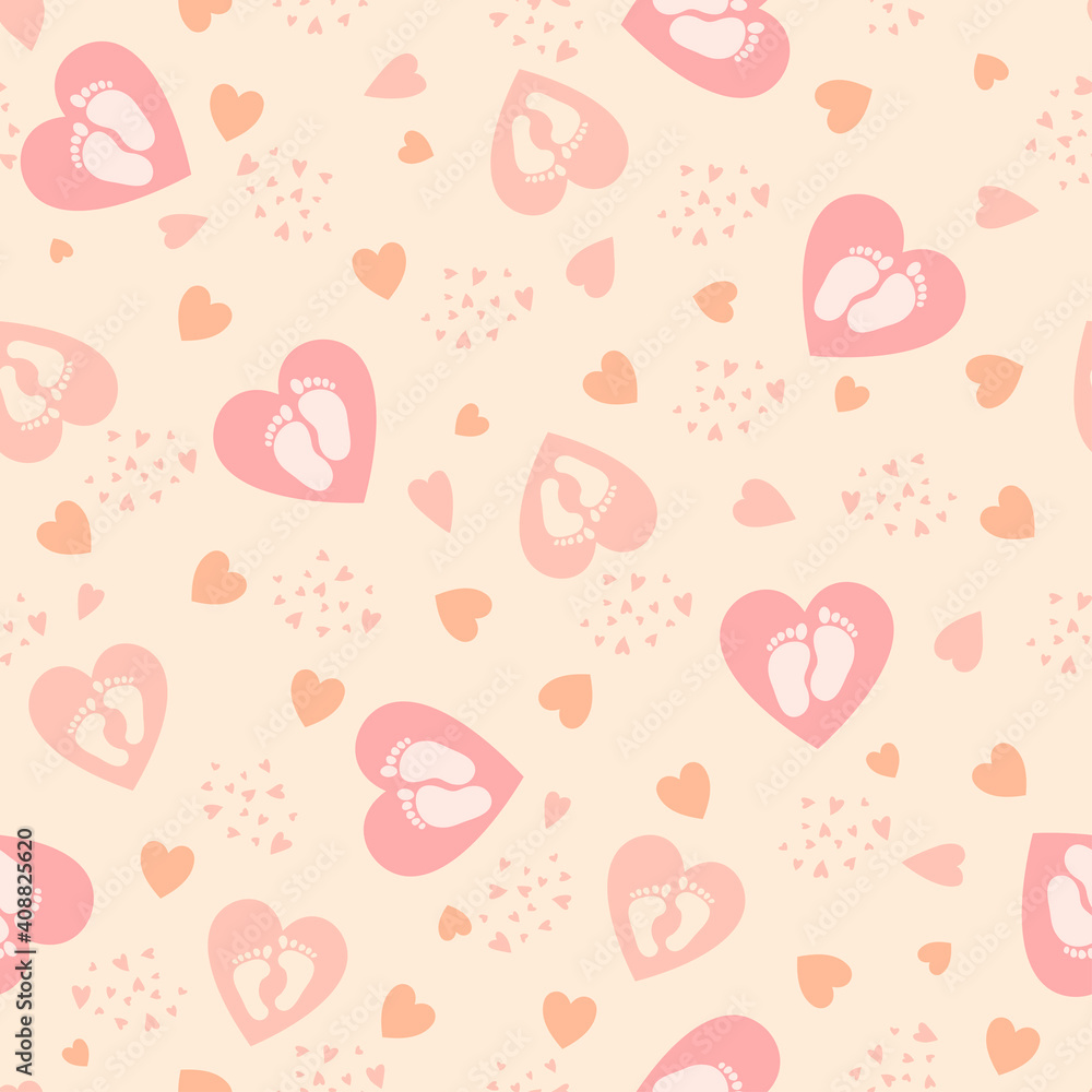 Hearts and Baby Feet. Gender Party Pattern. Vector Hearts and Baby Feet. Gender Party Pattern. Vector