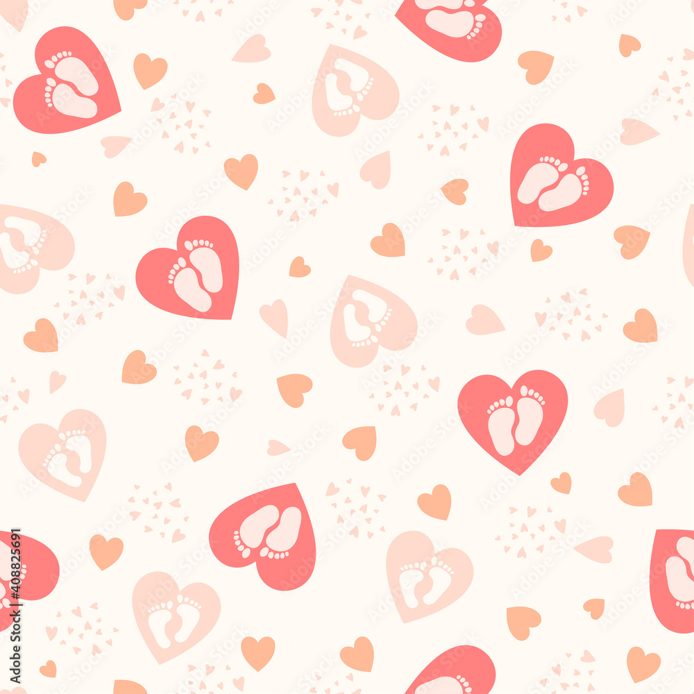 Cute background with hearts and baby feet for baby design. Pastel colors, pink shades. Vector Cute background with hearts and baby feet for baby design. Pastel colors, pink shades. Vector