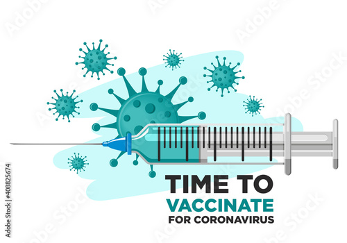Virus protection concept. Time to vaccinate. Realistic drawing of a syringe with a vaccine and coronavirus bacteria. Flat design, vector
