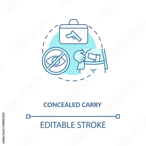 Concealed carry turquoise concept icon. Hidden firearm. Pistol for defense. Weapon ownership. Gun control idea thin line illustration. Vector isolated outline RGB color drawing. Editable stroke