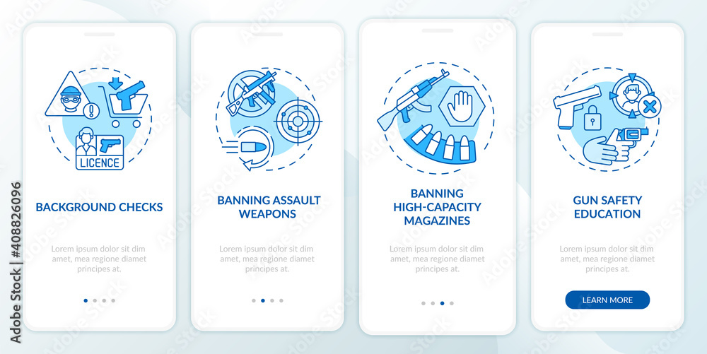 Gun safety guidelines blue onboarding mobile app page screen with concepts. Weapon control and regulation walkthrough 5 steps graphic instructions. UI vector template with RGB color illustrations