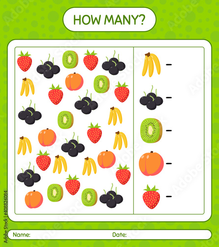 How many counting game with fruit. worksheet for preschool kids, kids activity sheet, printable worksheet photo