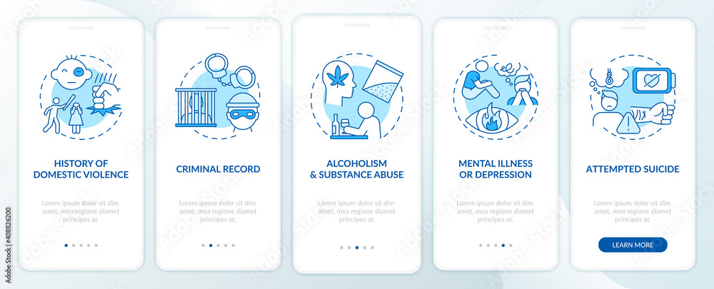 Personal history of violence blue onboarding mobile app page screen with concepts. Gun control guidelines walkthrough 5 steps graphic instructions. UI vector template with RGB color illustrations