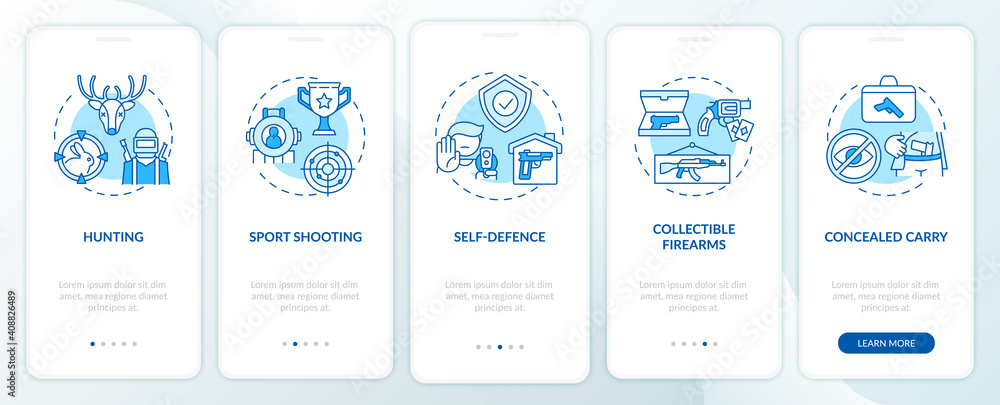 Guns for hobby blue onboarding mobile app page screen with concepts. Self defense. Weapon control walkthrough 5 steps graphic instructions. UI vector template with RGB color illustrations