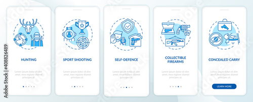 Guns for hobby blue onboarding mobile app page screen with concepts. Self defense. Weapon control walkthrough 5 steps graphic instructions. UI vector template with RGB color illustrations