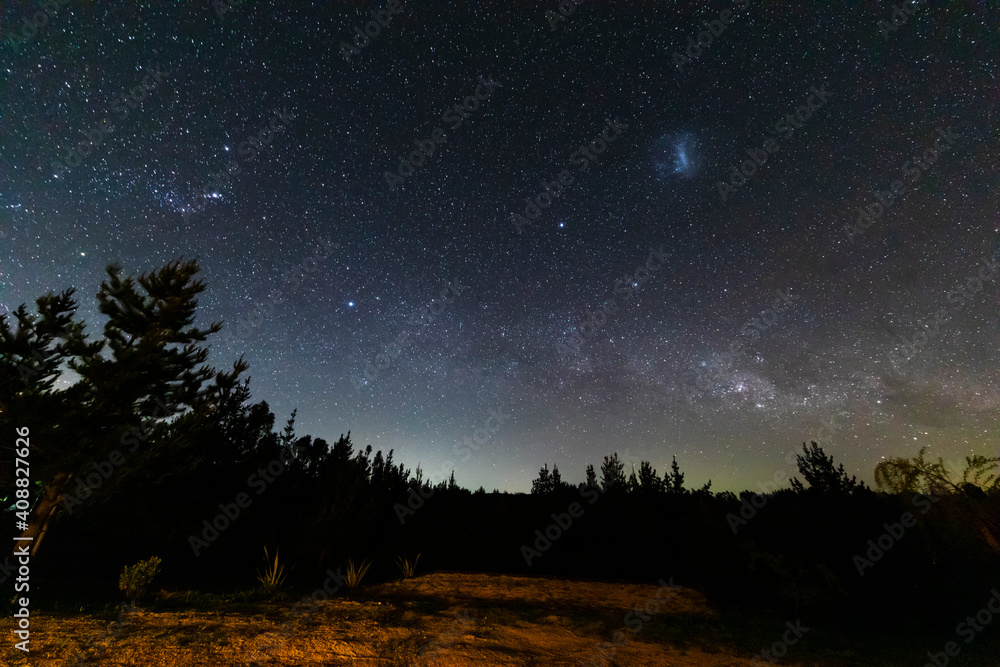 The amazing night sky full of stars. An awe scenery in the outdoors with the forest, the trees and the stars glowing in the distance. A dreamlike and colorful scenery at Puertecillo wood The amazing night sky full of stars. An awe scenery in the outdoors with the forest, the trees and the stars glowing in the distance. A dreamlike and colorful scenery at Puertecillo wood