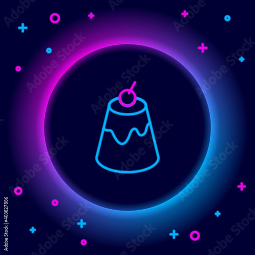 Glowing neon line Pudding custard with caramel glaze icon isolated on black background. Colorful outline concept. Vector.