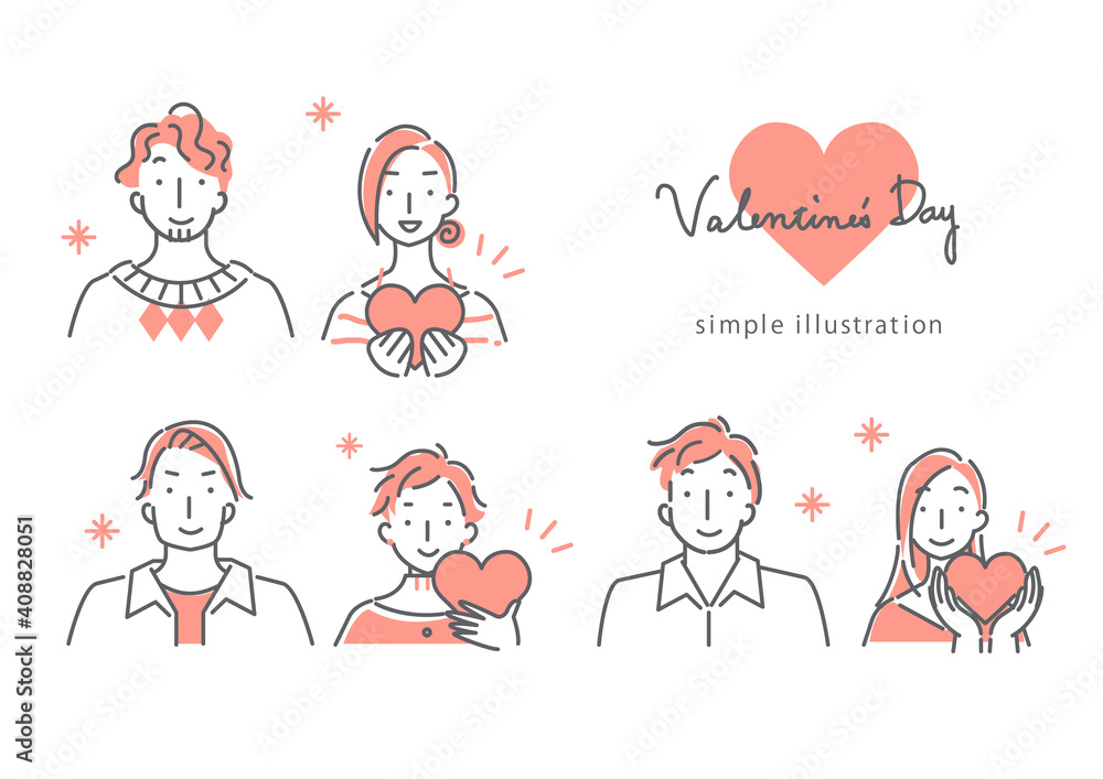 バレンタイン用のカップルのシンプルでおしゃれな線画イラスト素材セット バレンタイン用のカップルのシンプルでおしゃれな線画イラスト素材セット