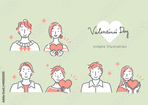 バレンタイン用のカップルのシンプルでおしゃれな線画イラスト素材セット