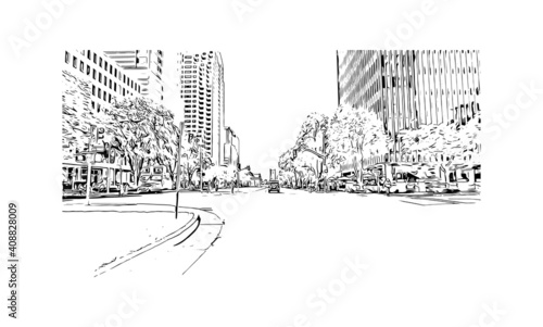 Building view with landmark of Sacramento is the
city in California. Hand drawn sketch illustration in vector.