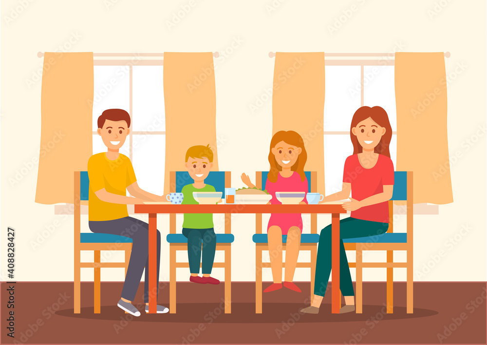 People eating different food at home. Characters are having dinner together in their apartment. Table with glassware, plates and glasses. Arrangement of furniture. Dining room interior design