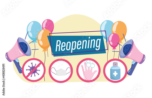 Reopening prevention measures megaphone balloons celebration advertising