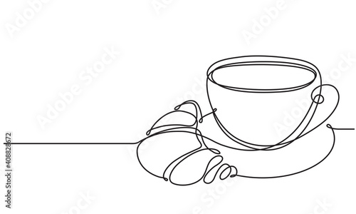 Cup and croissant. Coffee, tea. Vector sketch. Continuous line drawing. Hot drink and pastries.
