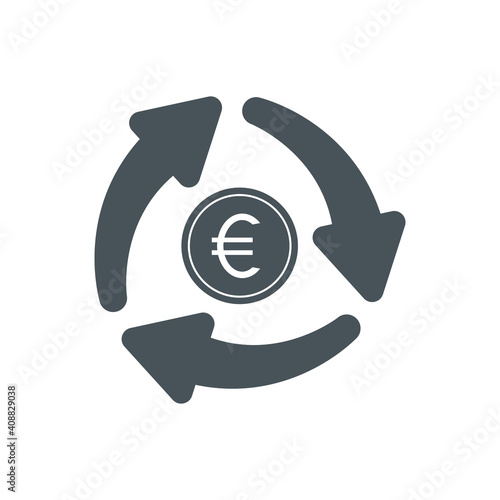 Cash flow icon. Recycle euro coin symbol. Money and arrows sign. Vector isolated on white.