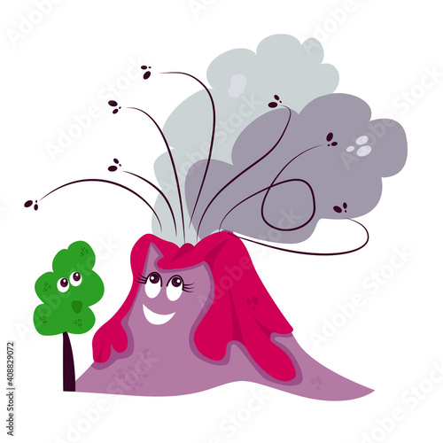 A girl volcano with flowing lava hair and scattering stones from a vent with smoke coming from the character