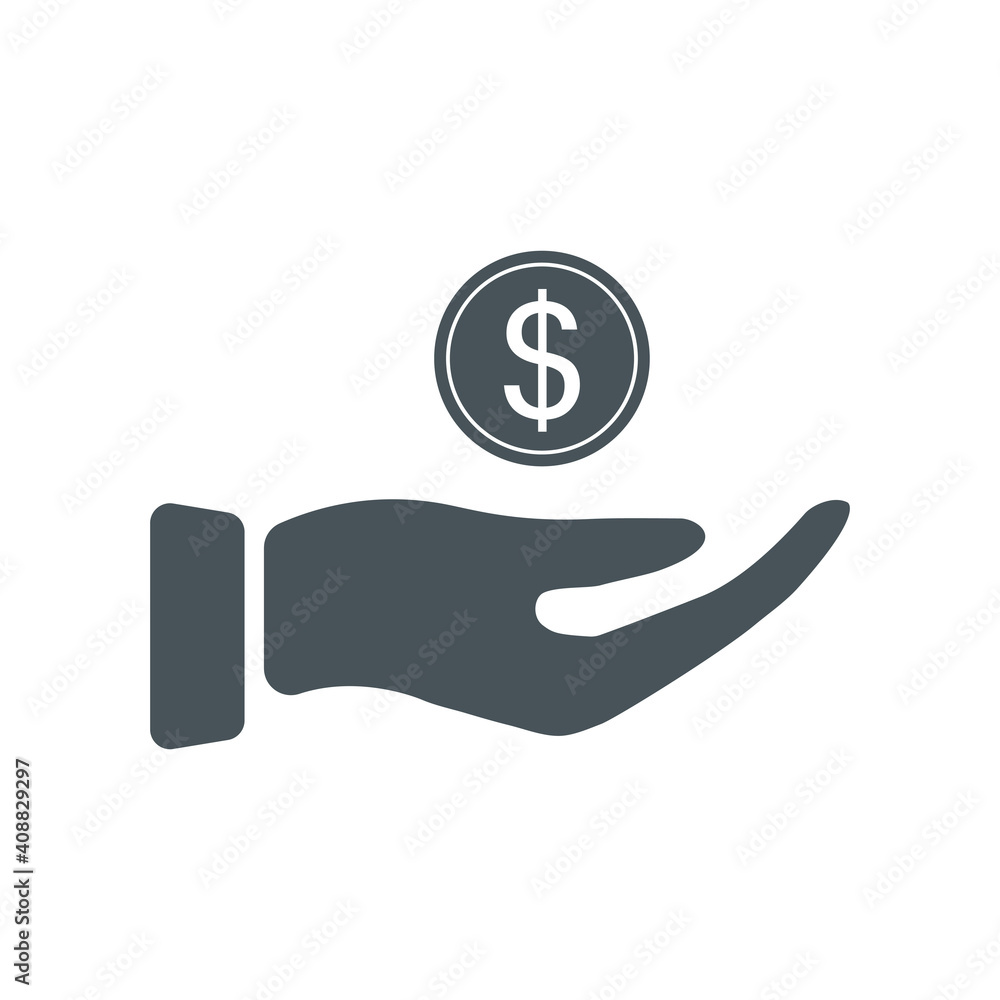 Hand and coin icon. Finance concept. Arm and money black outline. Vector illustration isolated on white. Hand and coin icon. Finance concept. Arm and money black outline. Vector illustration isolated on white.