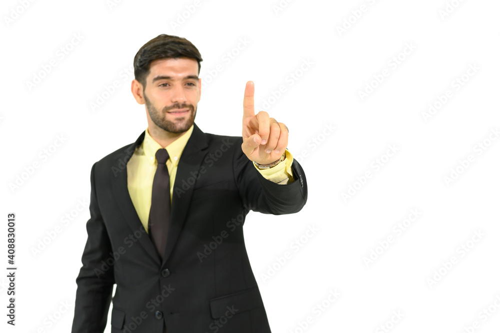 Index finger of young businessman pointing on screen. Man with yellow shirt, black suit and brown necktie isolated on white background (focused on finger) Index finger of young businessman pointing on screen. Man with yellow shirt, black suit and brown necktie isolated on white background (focused on finger)