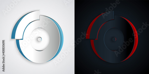Paper cut Car brake disk with caliper icon isolated on grey and black background. Paper art style. Vector.