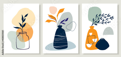 Abstract minimalist backgrounds, posters wall art set with different leaves in vase. Contemporary modern design, doodle shapes