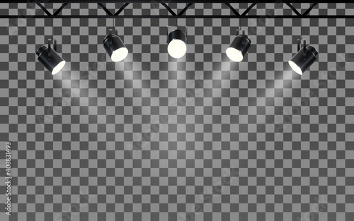 Spotlights with bright white light shining stage. Collections projectors with Illuminated effect . Set of projector for studio on transperent background. Vector illustration