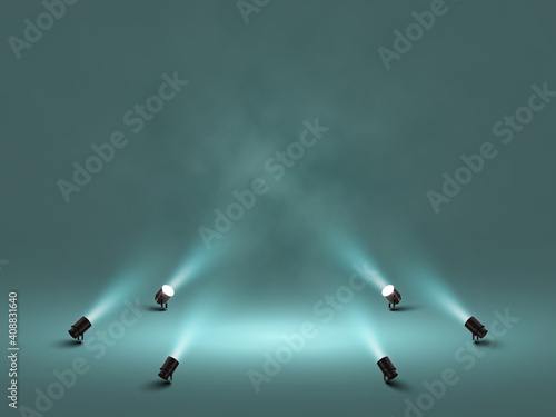 Spotlights with bright white light shining stage. Illuminated effect projector. Illustration of projector for studio. Vector illustration