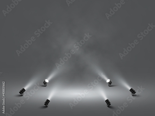 Spotlights with bright white light shining stage. Illuminated effect projector. Illustration of projector for studio. Vector illustration