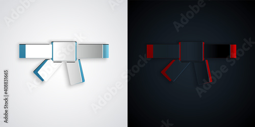Paper cut Black karate belt icon isolated on grey and black background. Paper art style. Vector.