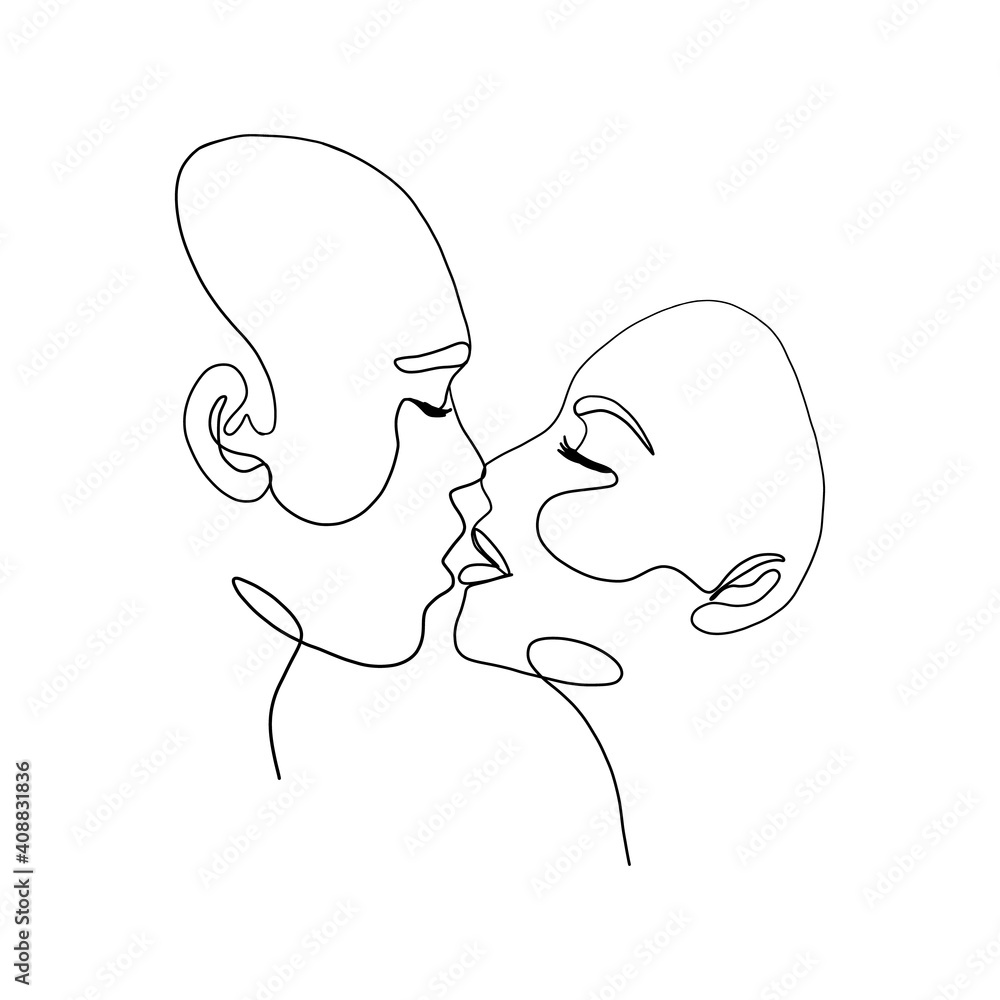 Love couple continuous line. Abstract man woman kiss minimal one line ...