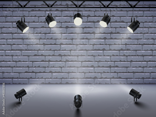 Spotlights with bright white light shining stage. Collections projectors with Illuminated effect . Set of projector for studio with brick wall. Vector illustration