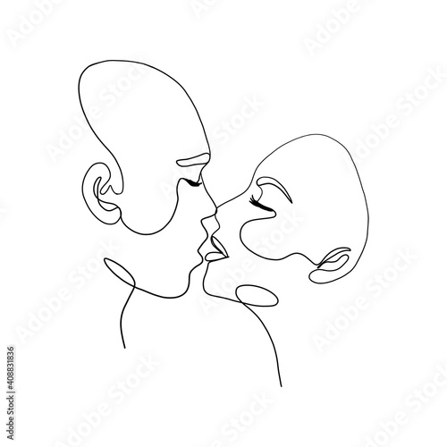 Love couple continuous line. Abstract man woman kiss minimal one line style, contemporary art minimal fine line tattoo. Vector illustration