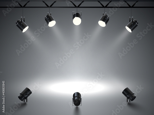 Spotlights with bright white light shining stage. Illuminated effect projector. Illustration of projector for studio. Vector illustration