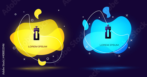 Black Fitness shaker icon isolated on black background. Sports shaker bottle with lid for water and protein cocktails. Abstract banner with liquid shapes. Vector.