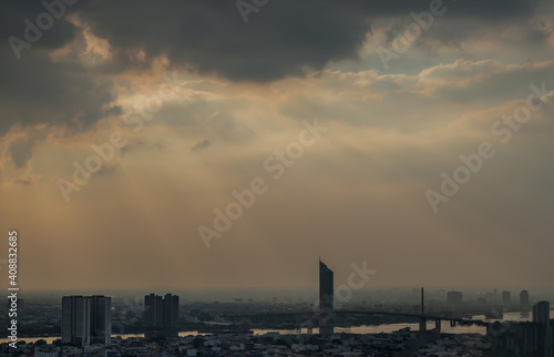 Aerial view of Beautiful scenery view of Skyscraper Evening time before Sunset creates relaxing feeling for the rest of the day. Selective focus. © num