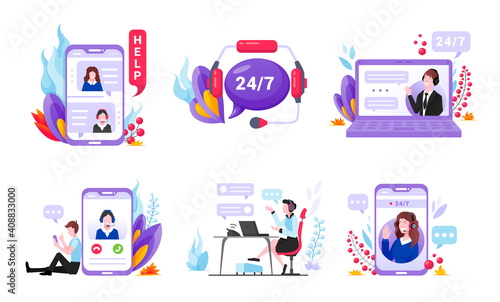 Customer support cartoon set. Client service. Call center, online feedback, helpline.