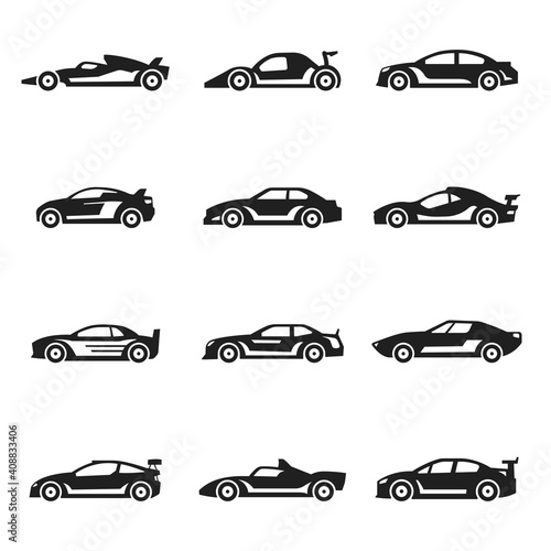 Racing cars bold black silhouette icons set isolated on white. Sport autos pictograms.