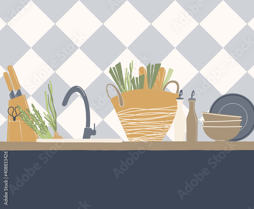 Abstract vector illustration of kitchen table and kitchenware. Geometric tiles on the wall