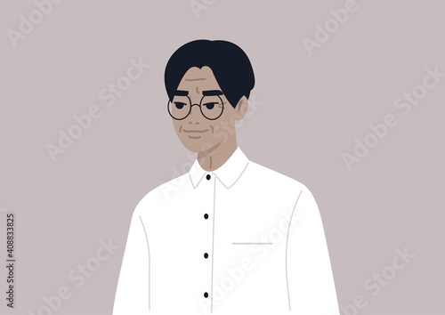 A portrait of an elegant adult Asian man wearing a classic outfit, age and lifestyle