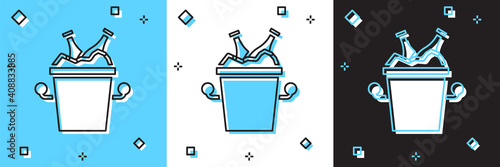Set Beer bottles in ice bucket icon isolated on blue and white, black background. Vector.