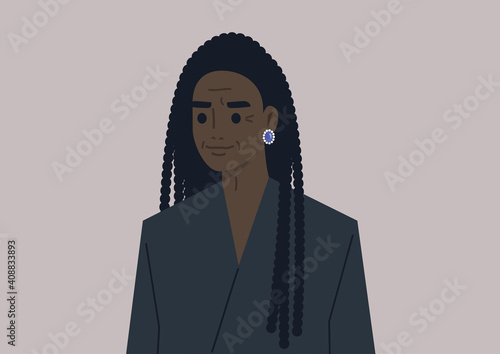 A portrait of an elegant adult Black woman wearing a classic outfit, age and lifestyle
