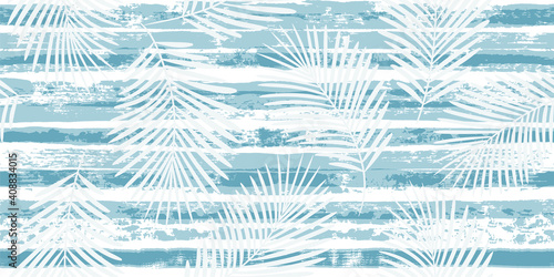 Tropical pattern, palm leaves seamless vector floral background. Exotic plant on blue stripes print illustration. Summer nature jungle print. Leaves of palm tree on paint lines. ink brush strokes