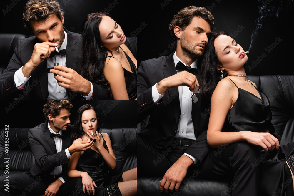 collage of elegant passionate couple smoking while sitting on leather couch on black